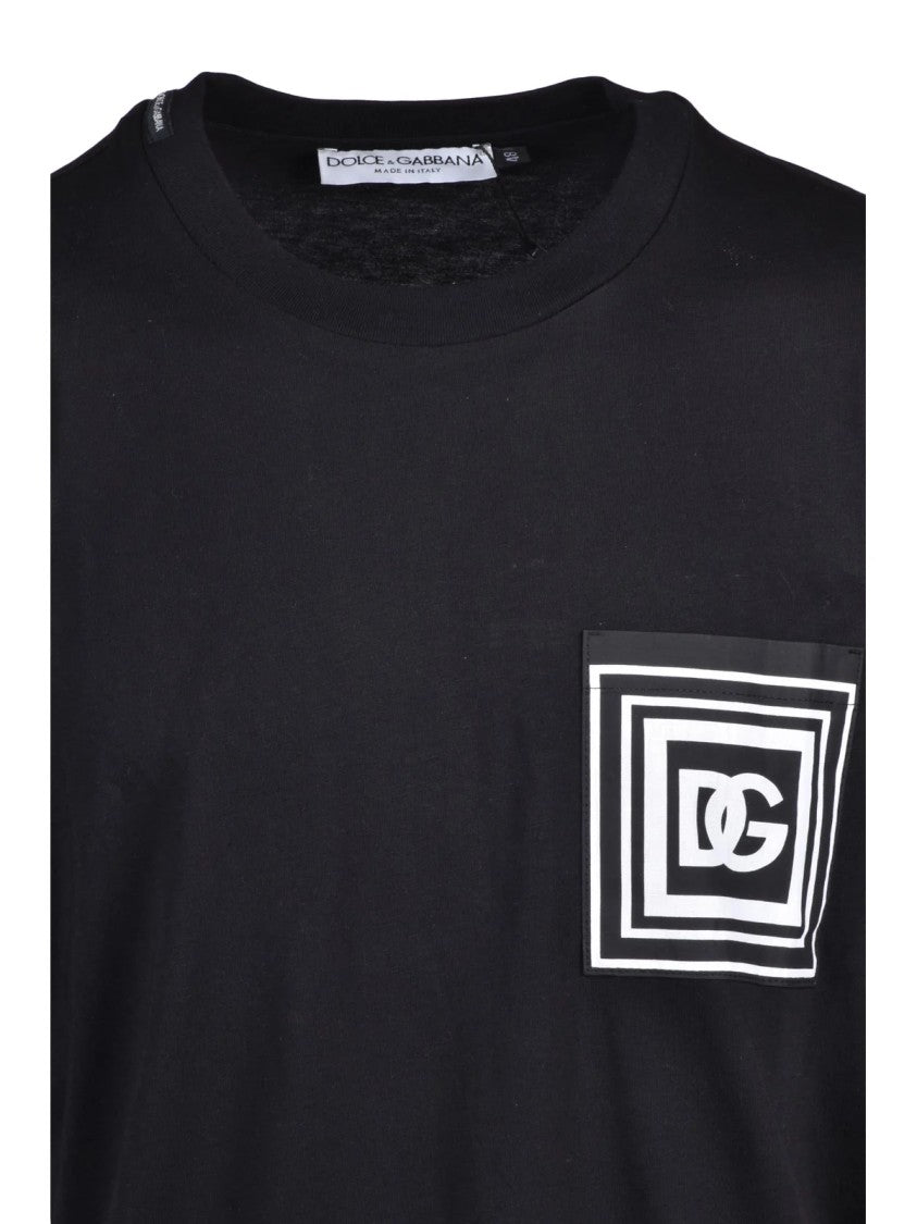 Dolce & Gabbana Black Geometric Logo Patch Cotton T-Shirt