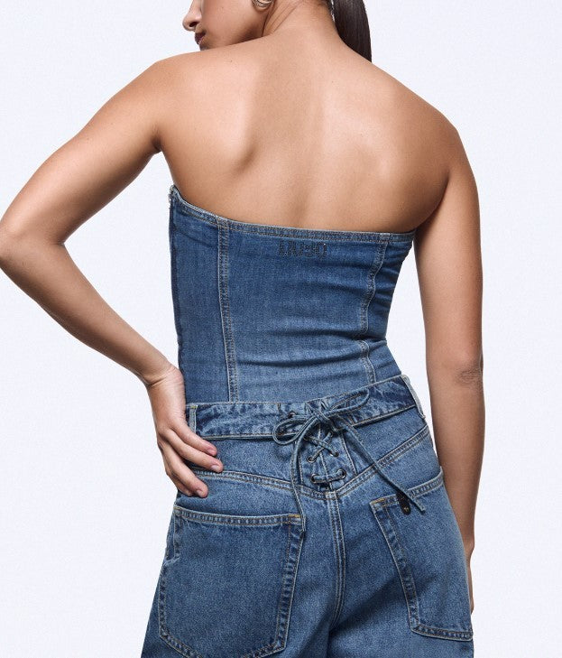 Liu Jo Structured Light Stonewash Denim Bustier Top