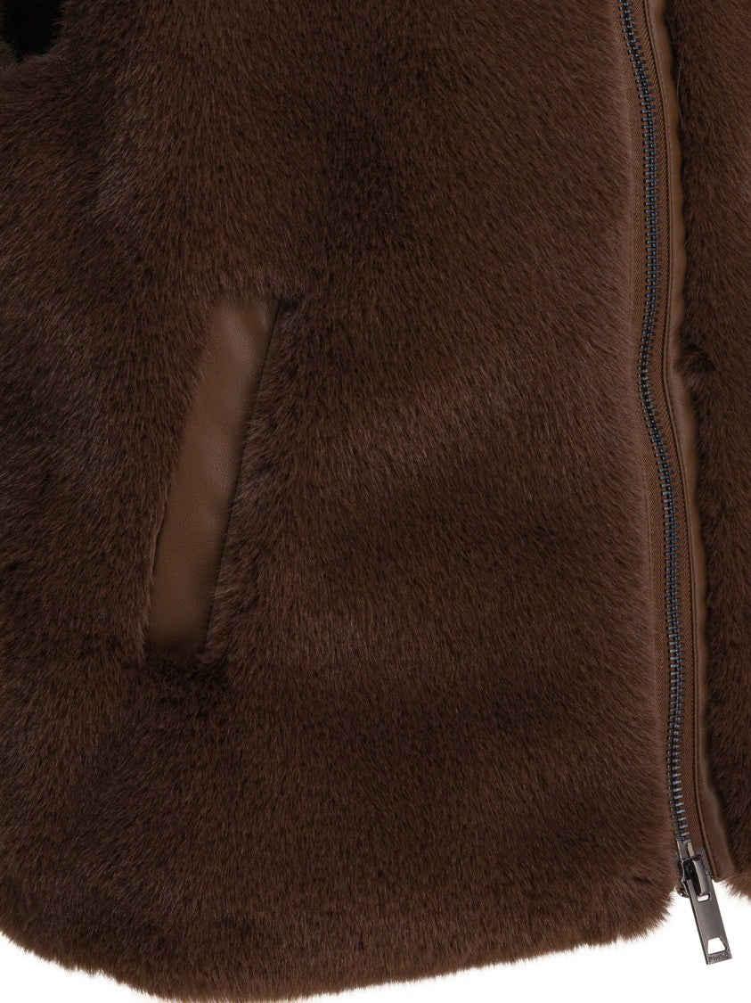 Pinko Brown Plush Textured Jacket With High Collar