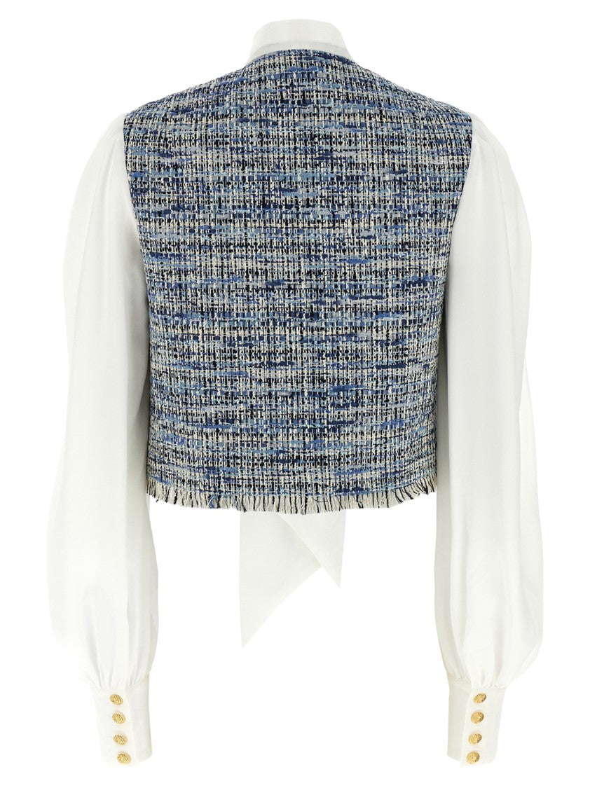 Balmain Cropped Shirt With Tweed Vest And Levallière Collar