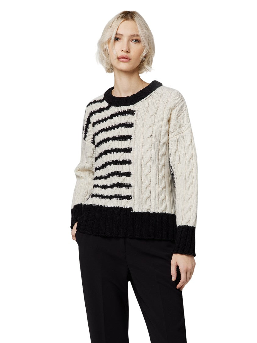 Alpha Studio Cable Knit Patchwork Long-Sleeve Crewneck Sweater