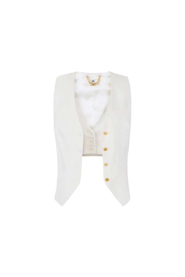 Elisabetta Franchi Ivory Cropped Sleeveless Gold Button Linen-Blend Waistcoat