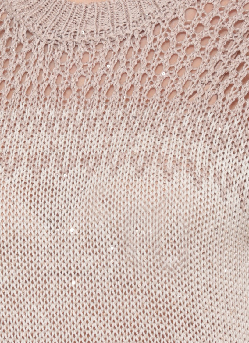Peserico Ivory Cotton Sequined Perforated Knit Top