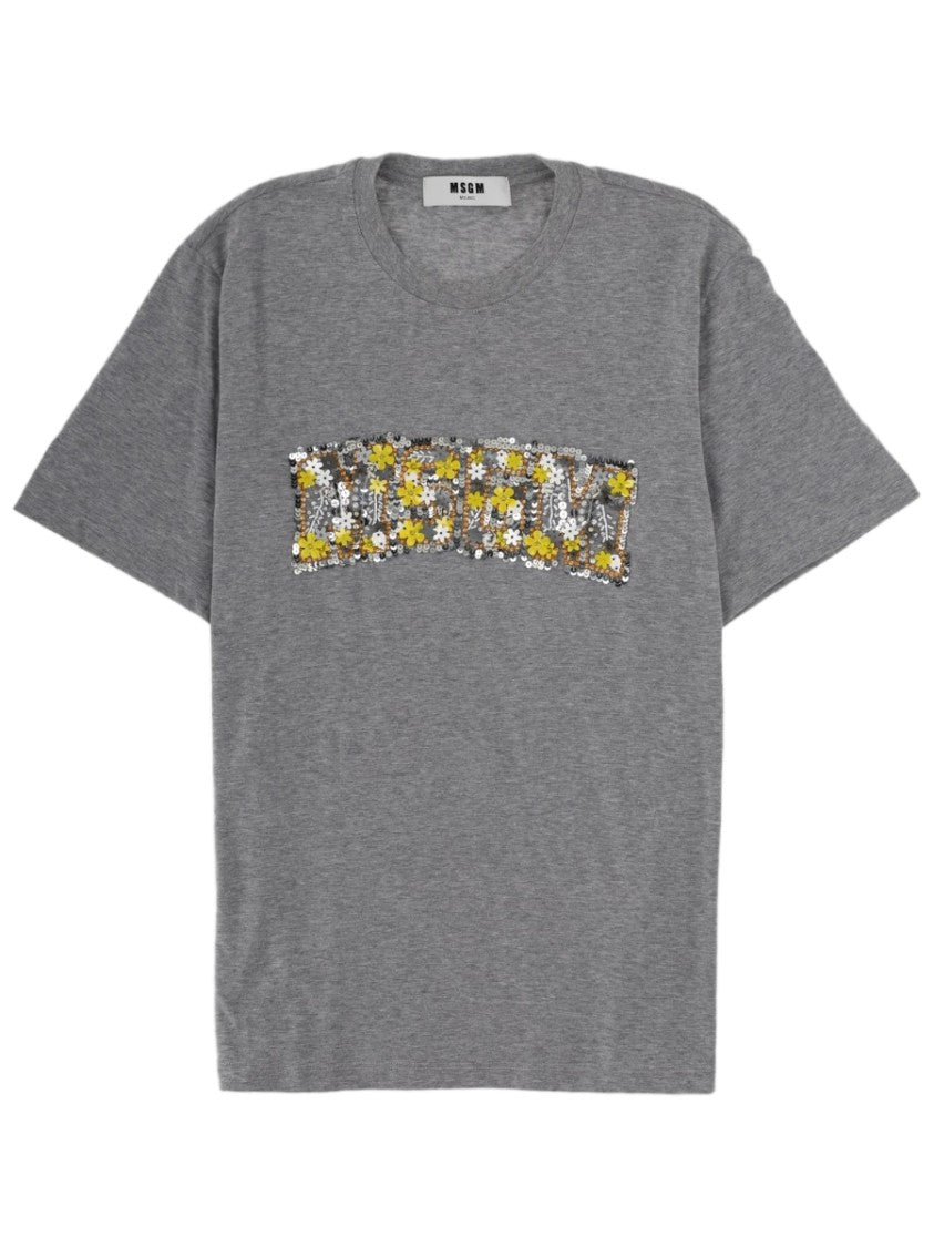 Msgm Black Sequin Floral Patch Cotton T-Shirt
