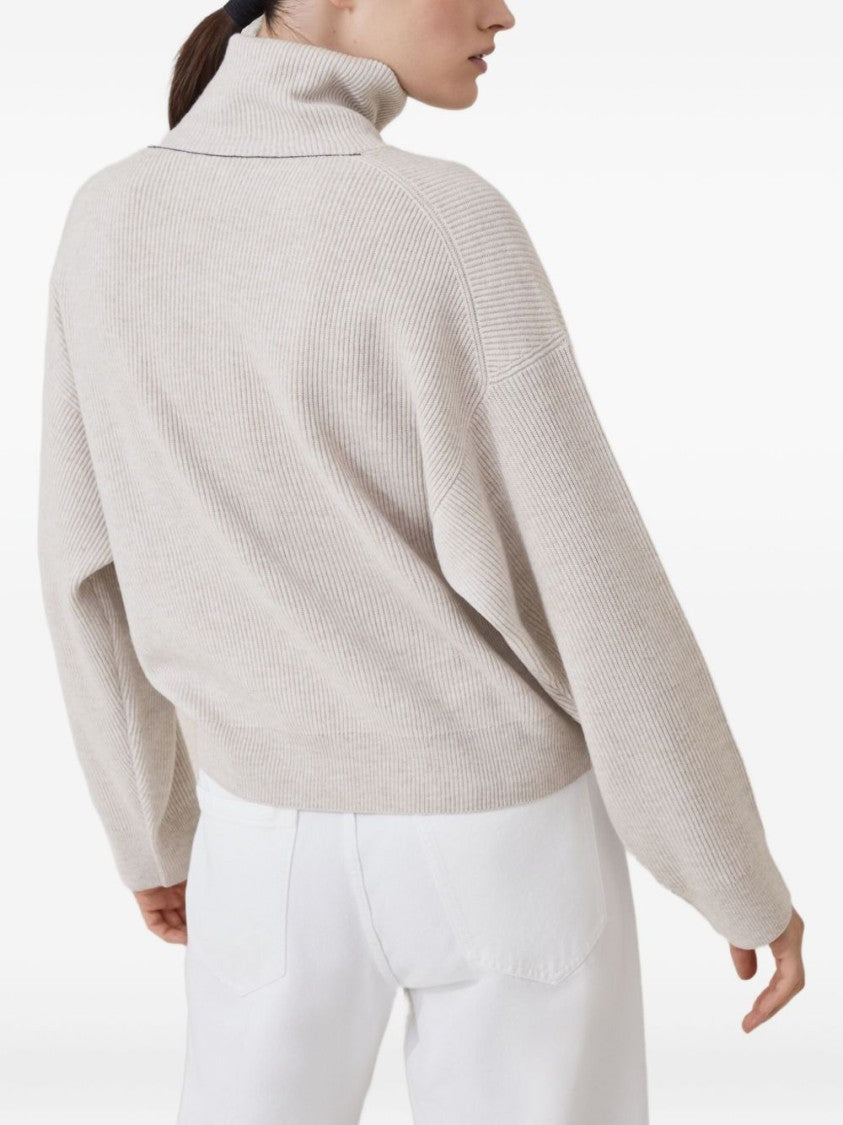 Brunello Cucinelli Ribbed Knit Sweater With High Turtleneck And Dropped Shoulders