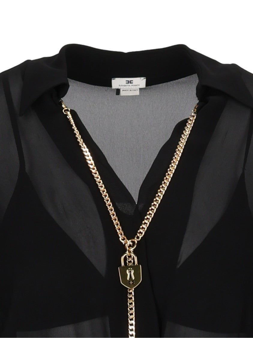 Elisabetta Franchi Black Sheer Gold Chain Bodysuit