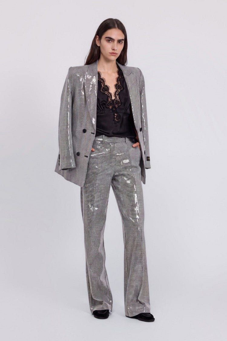 Ermanno Silver And Black Sequin Pleated Wide-Leg Polyester Pants