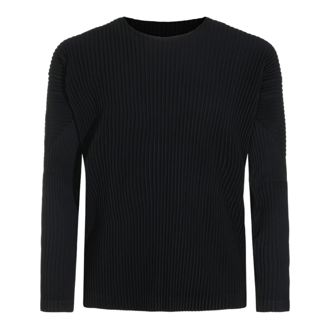 Homme Plissé Issey Miyake Vertical Pleated Black Top With Round Neckline And Long Sleeves