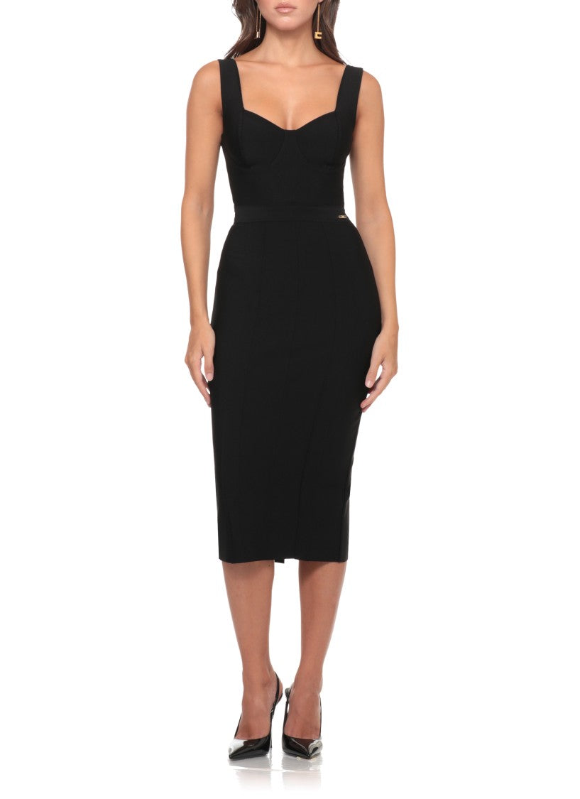 Elisabetta Franchi Heart-Neckline Fitted Black Midi Dress With Gold Logo Pin