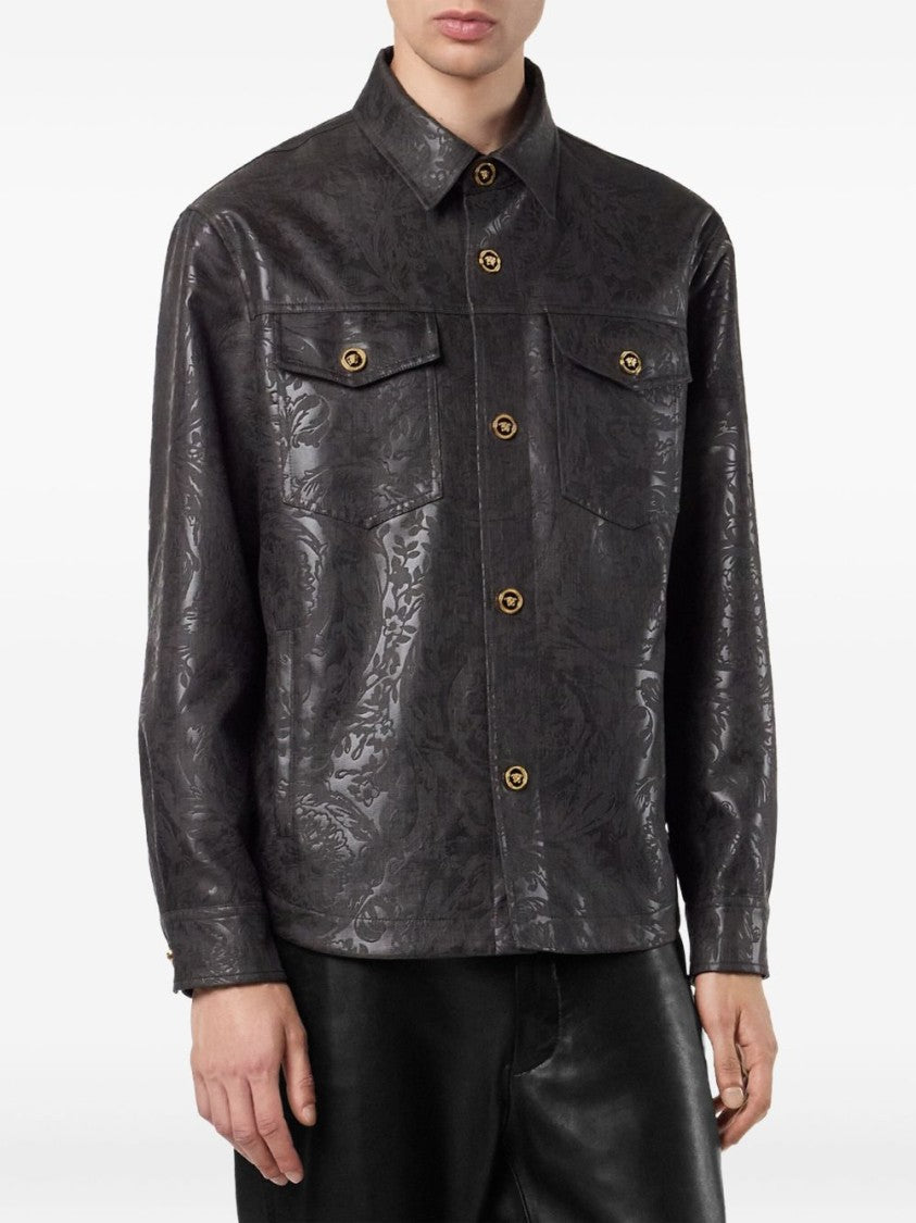 Versace Baroque-Patterned Black Shirt Jacket With Gold Hardware