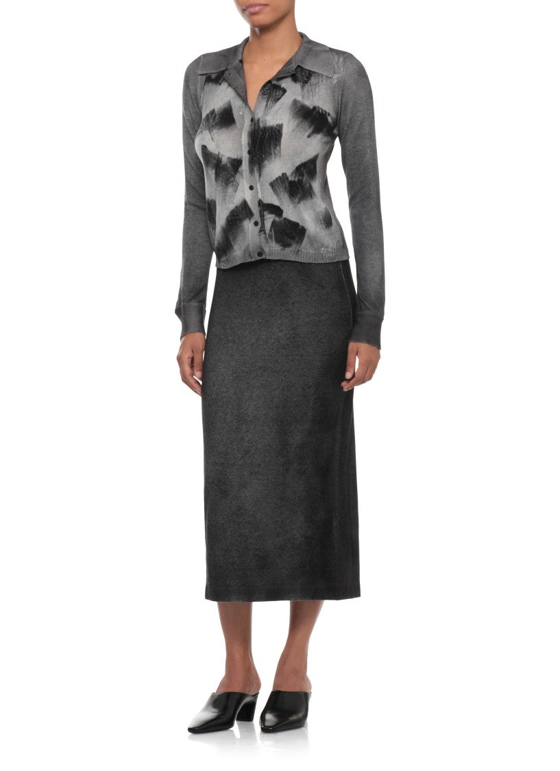 Avant Toi Black Melange Midi Skirt With Elastic Waist And Back Slit