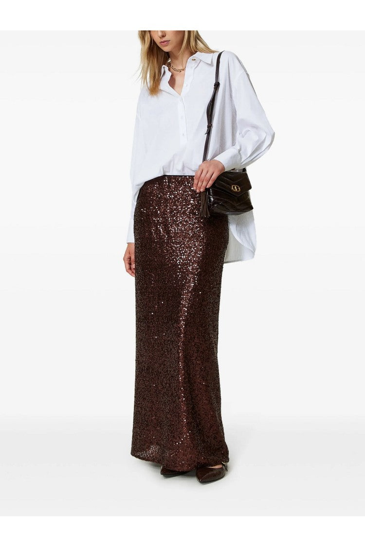 Twin-Set Dark Brown Polyester-Blend Maxi Skirt