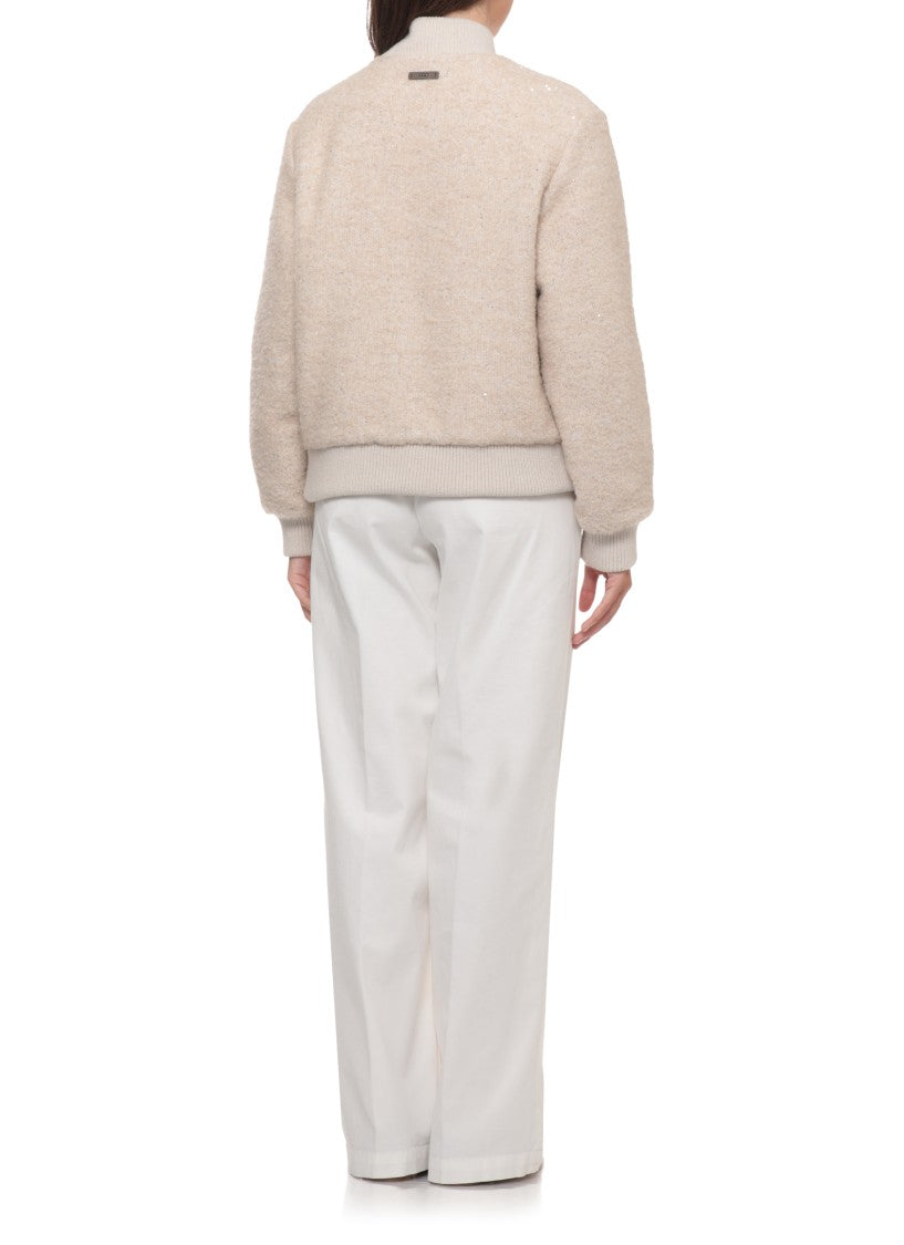 Peserico Beige Sequined Jacket With Ribbed Detailing And Zip Closure