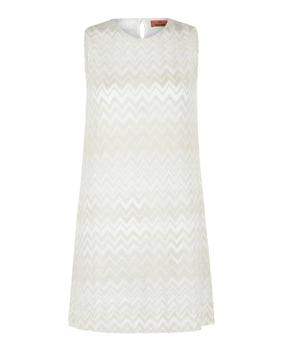M Missoni Metallic Zigzag Print Shift Dress Gold White