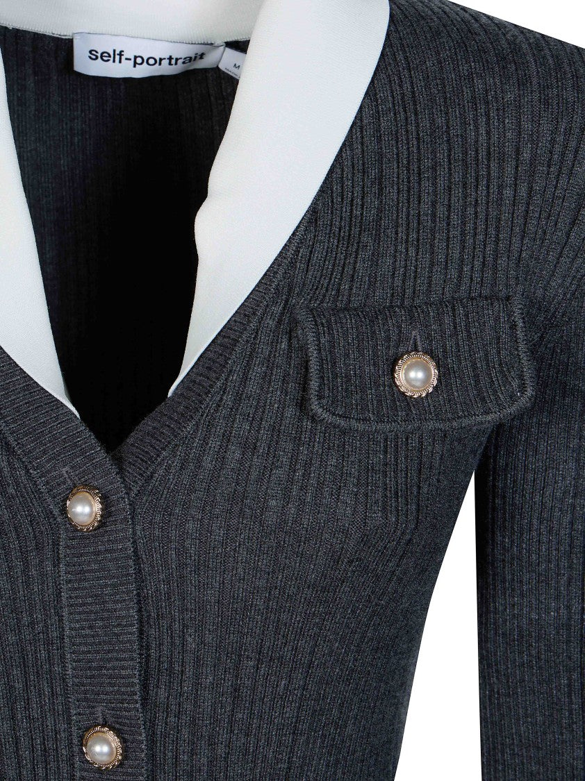 Self-Portrait Grey Peplum Ribbed Knit Cardigan
