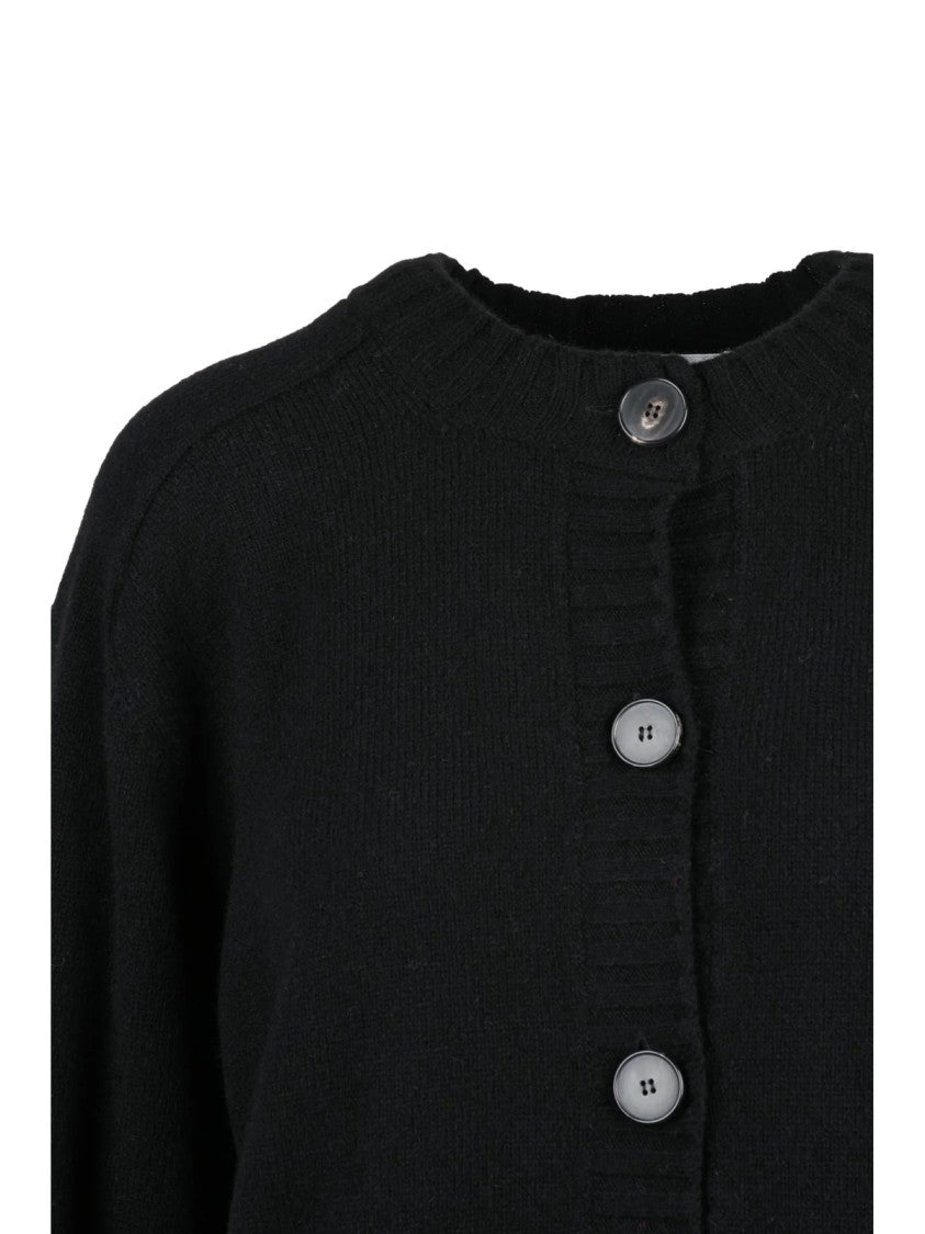 Amaranto Black Crew Neck Button-Down Wool-Cashmere Cardigan