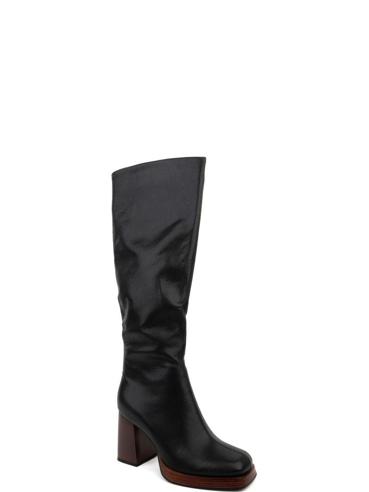 Adrianna Feretti Black Smooth Leather Block Heel Side Zip Long Boots