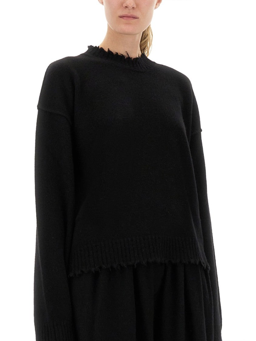 Uma Wang Black Cashmere Sweater With Frayed Details And Relaxed Fit