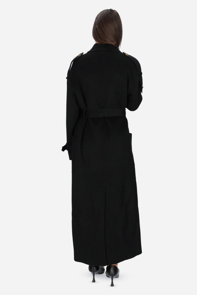 Elisabetta Franchi Black Double-Breasted Belted Wool Trench Coat