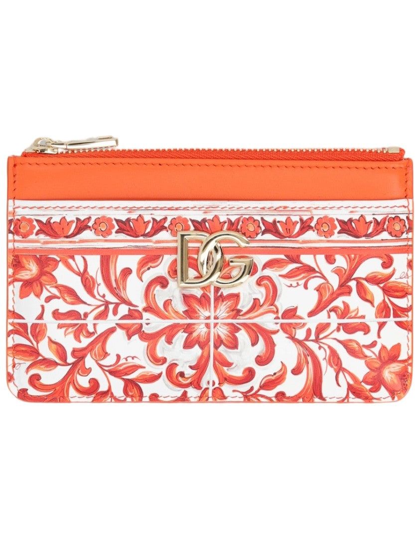Dolce & Gabbana Maiolica Floral Top Zip Leather Card Holder