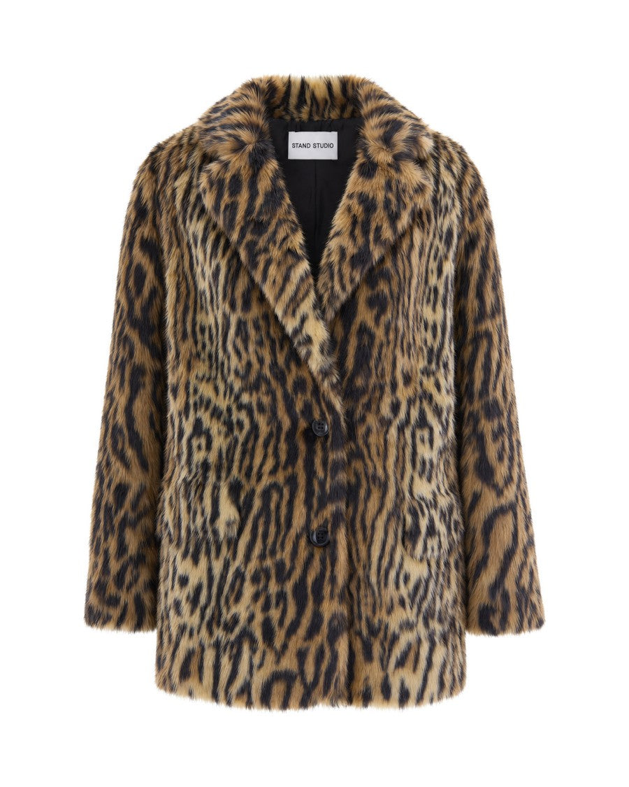 Stand Studio Leopard Print Emmie Single-Breasted Faux Fur Blazer