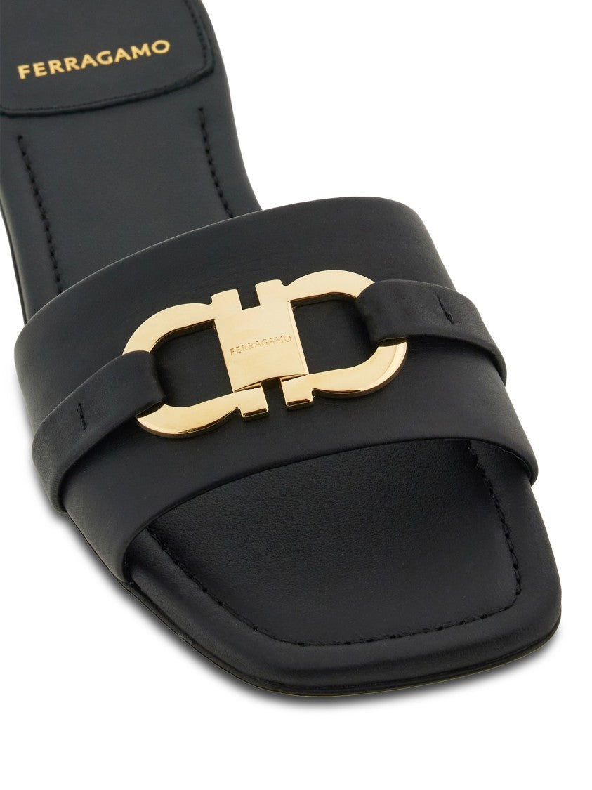 Ferragamo Square Toe Black Sandals With Gold-Tone Buckle