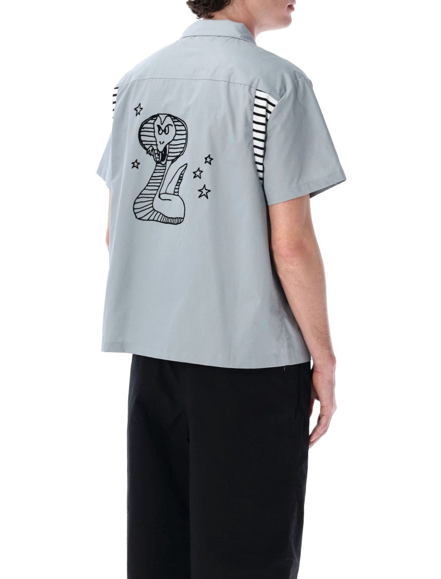 Brain Dead Flocked Grey Bowling Shirt With Camp Collar And Cobra Graphic