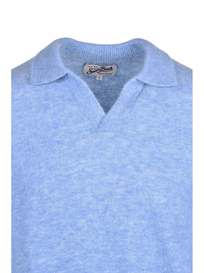 Mc2 Saint Barth Light Blue Textured V-Neck Alpaca-Blend Polo Shirt