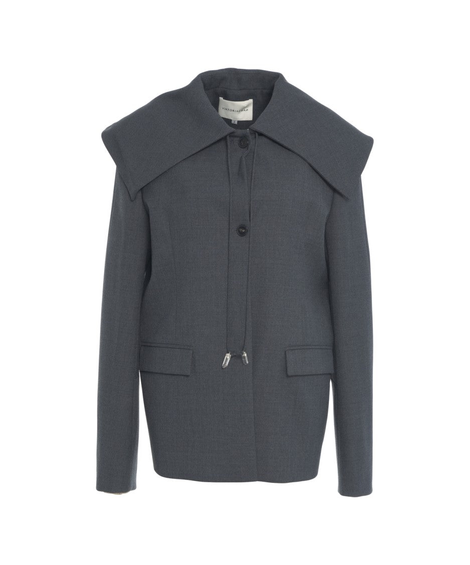 Viktoria Chan Gray Structured Blazer With Wide Collar And Decorative Closure