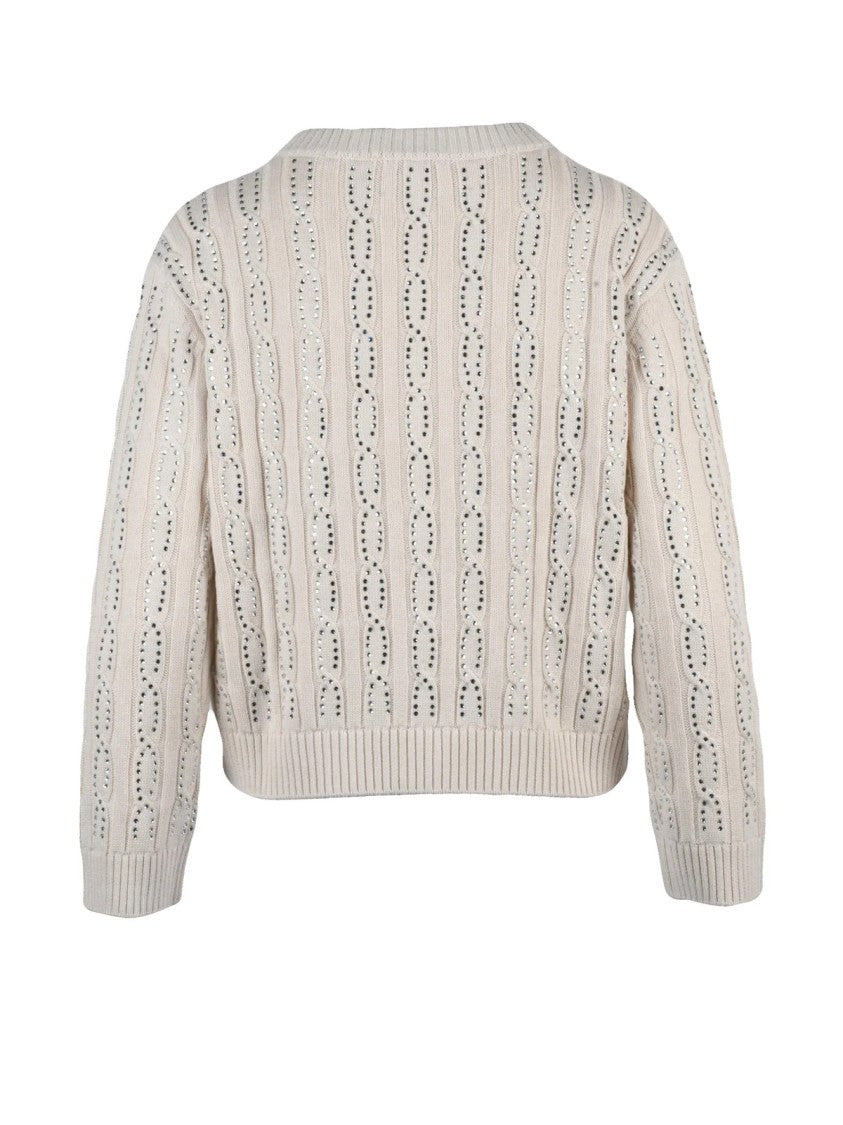 Marella Sport Beige Rhinestone Embellished Cotton-Blend Cardigan