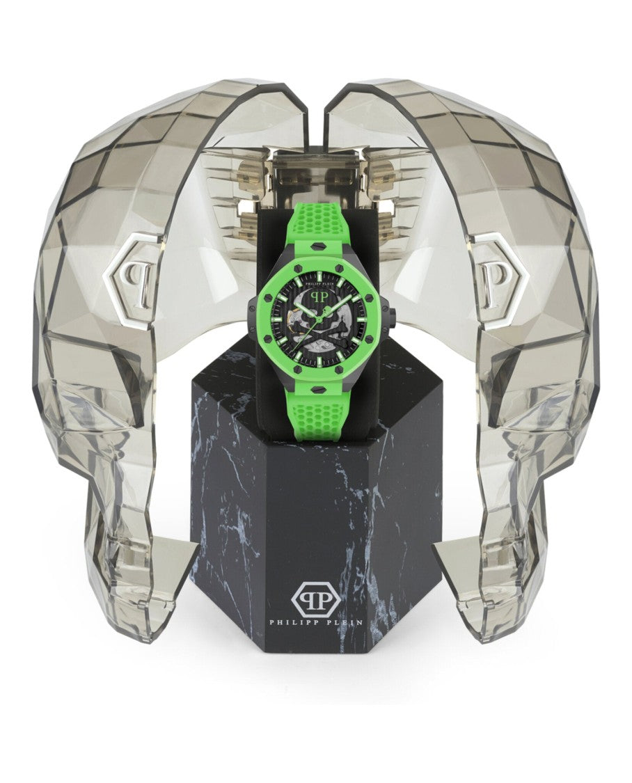 Philipp Plein Skeleton Dial Automatic Watch With Green Silicone Strap