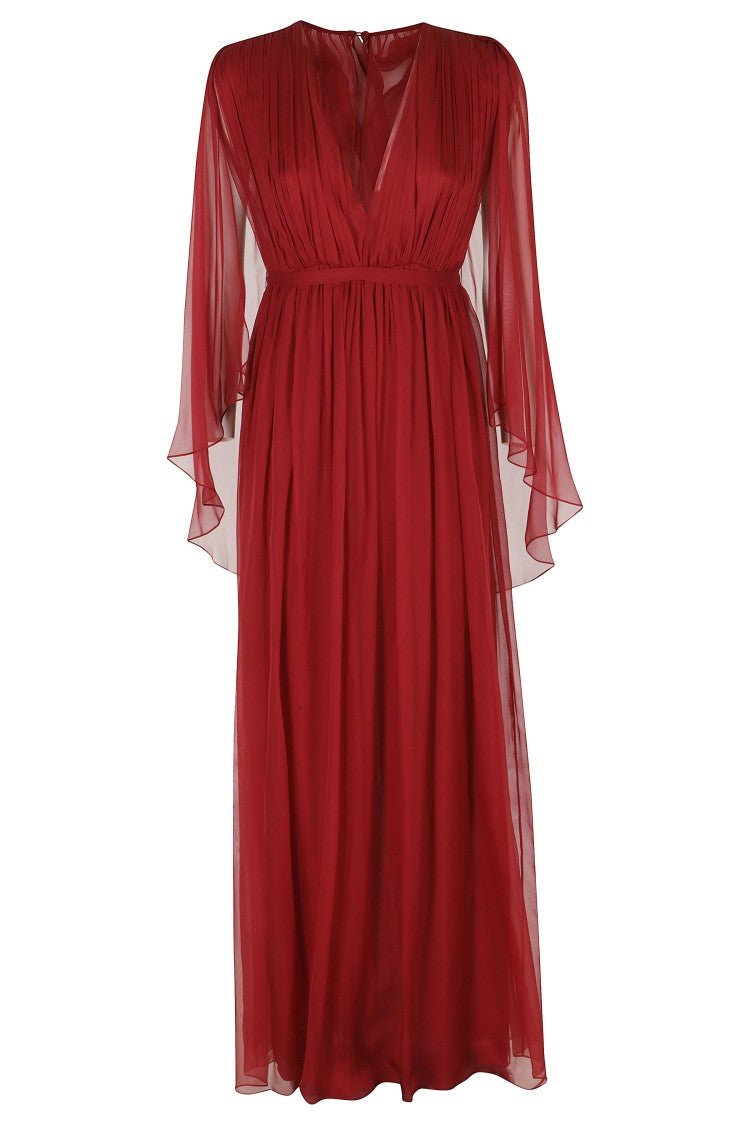 Alberta Ferretti Red Silk Chiffon V-Neck Pleated Silk Dress