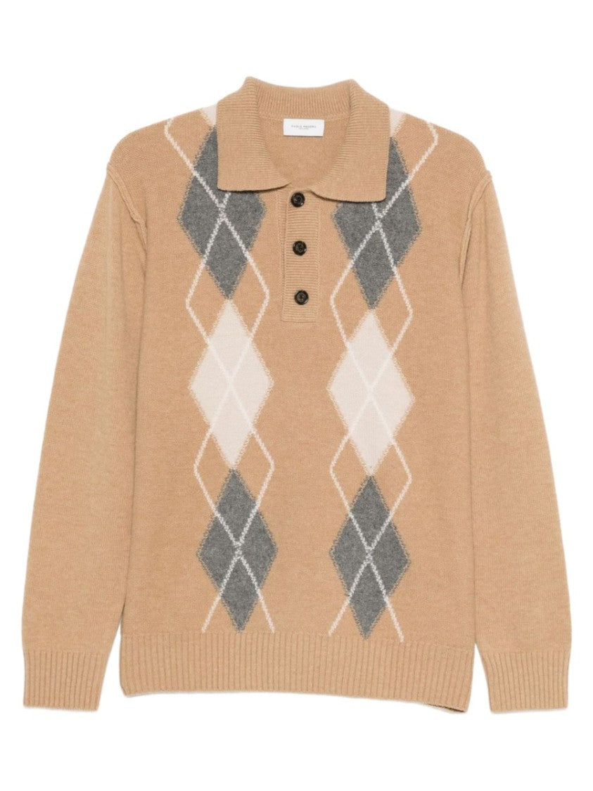 Paolo Pecora Milano Beige Argyle Virgin Wool Polo Shirt