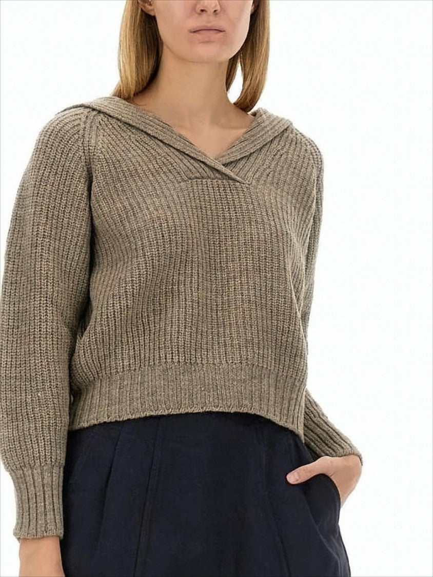 Margaret Howell Ribbed Knit Sweater With Folded Collar In Soft Merino Wool