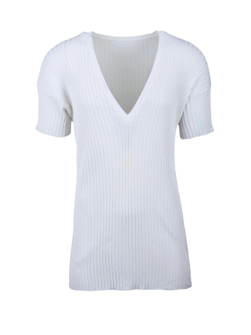 Maison Margiela Ribbed Knit Sweater With V-Neckline And Short Sleeves