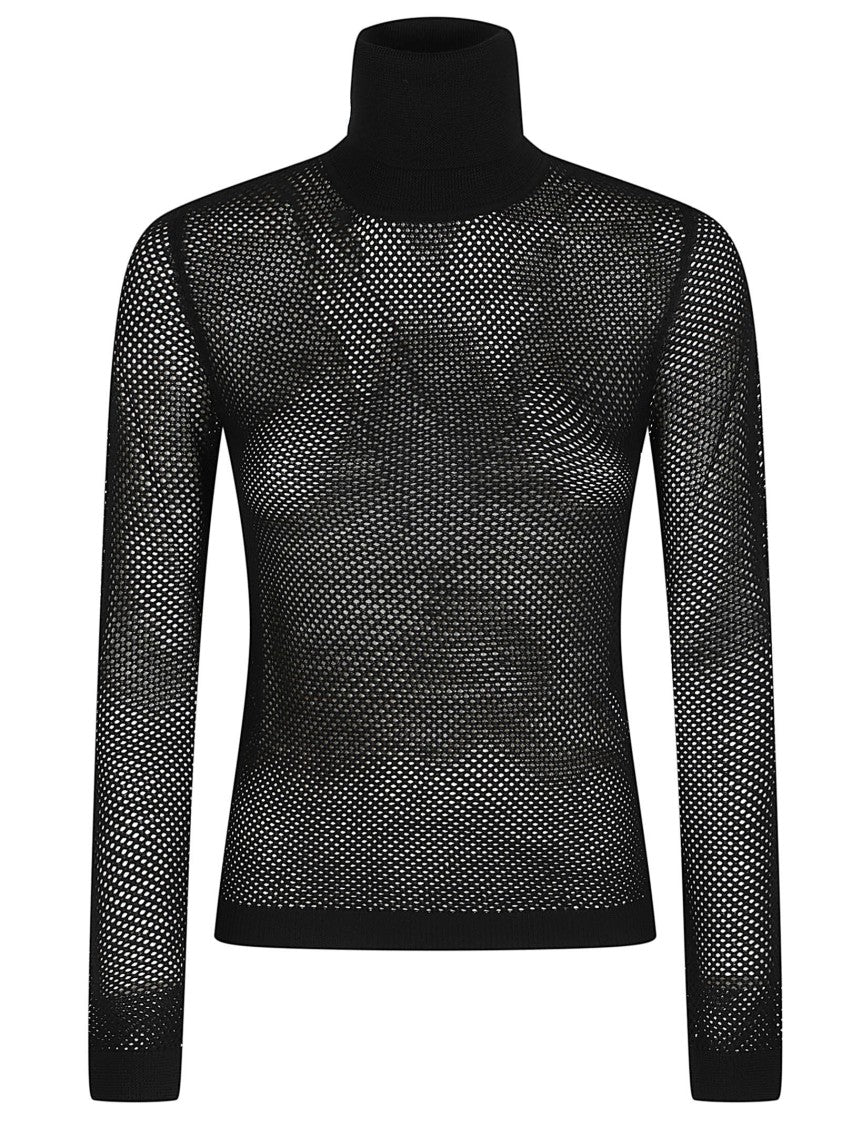 P.A.R.O.S.H. Black Lanet Turtle Neck Open Knit Wool Turtleneck