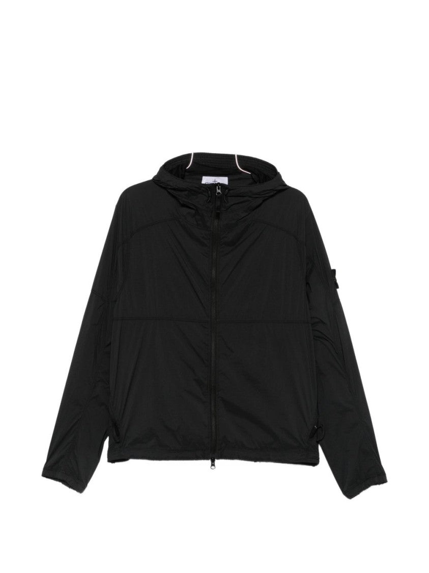 Stone Island Minimalist Black Casual Jacket With Front Zipper And Hood