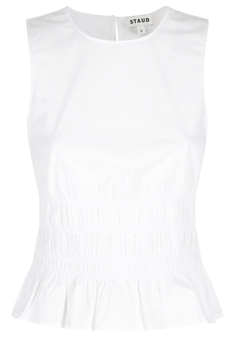 Staud White Culver Elasticized-Ruffles Cotton Tank Top