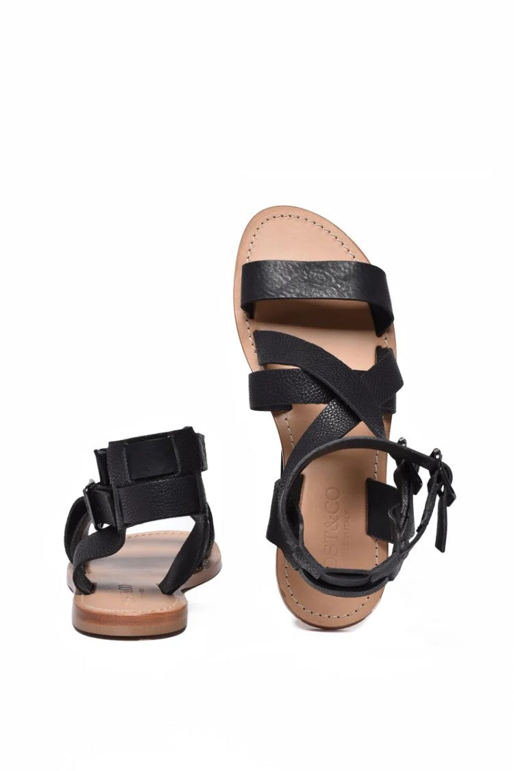 Post & Co Leather Sandal With Strap - Black