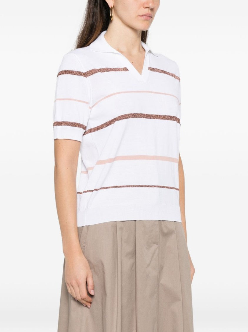 Peserico White Short-Sleeved V-Neck Top With Subtle Stripes