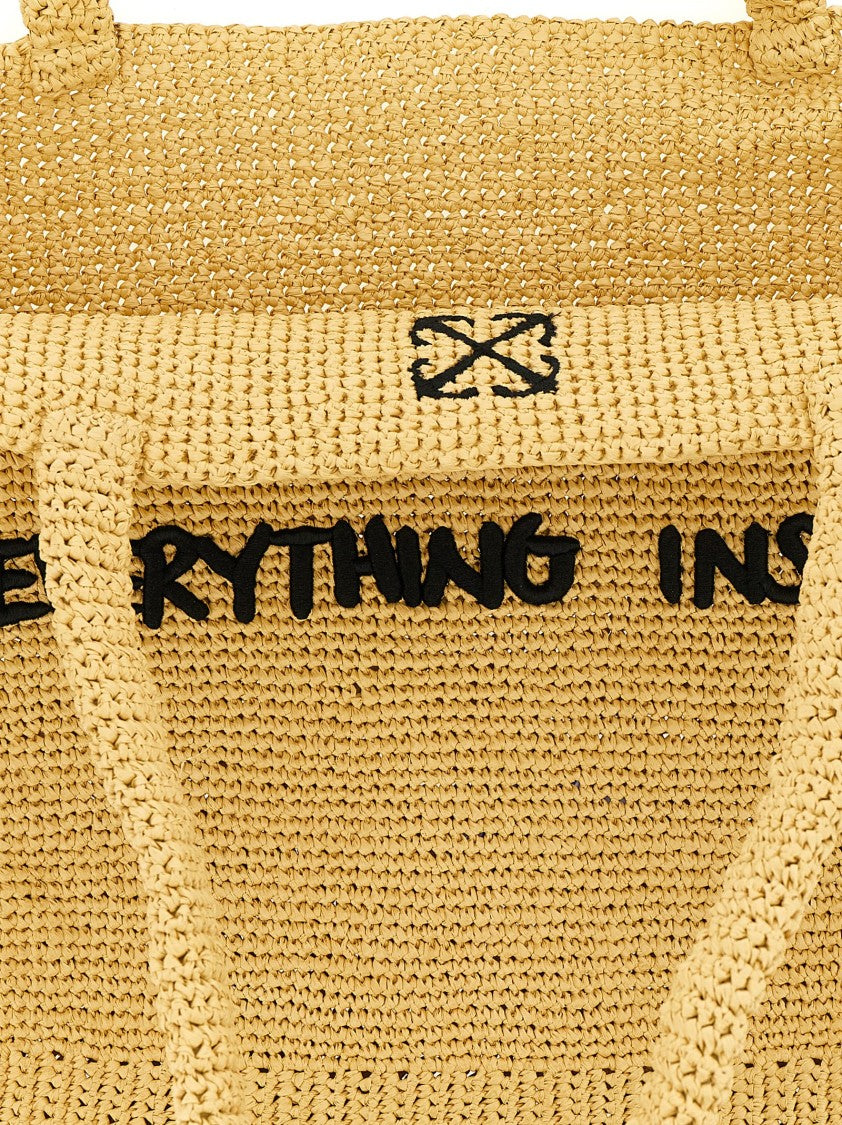 Off-White Woven Raffia Shopping Bag With Embroidered Detail
