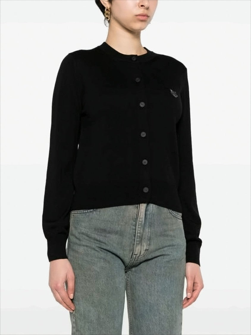 Maison Kitsuné Black Wool Cardigan With Button-Down Front And Embroidered Logo