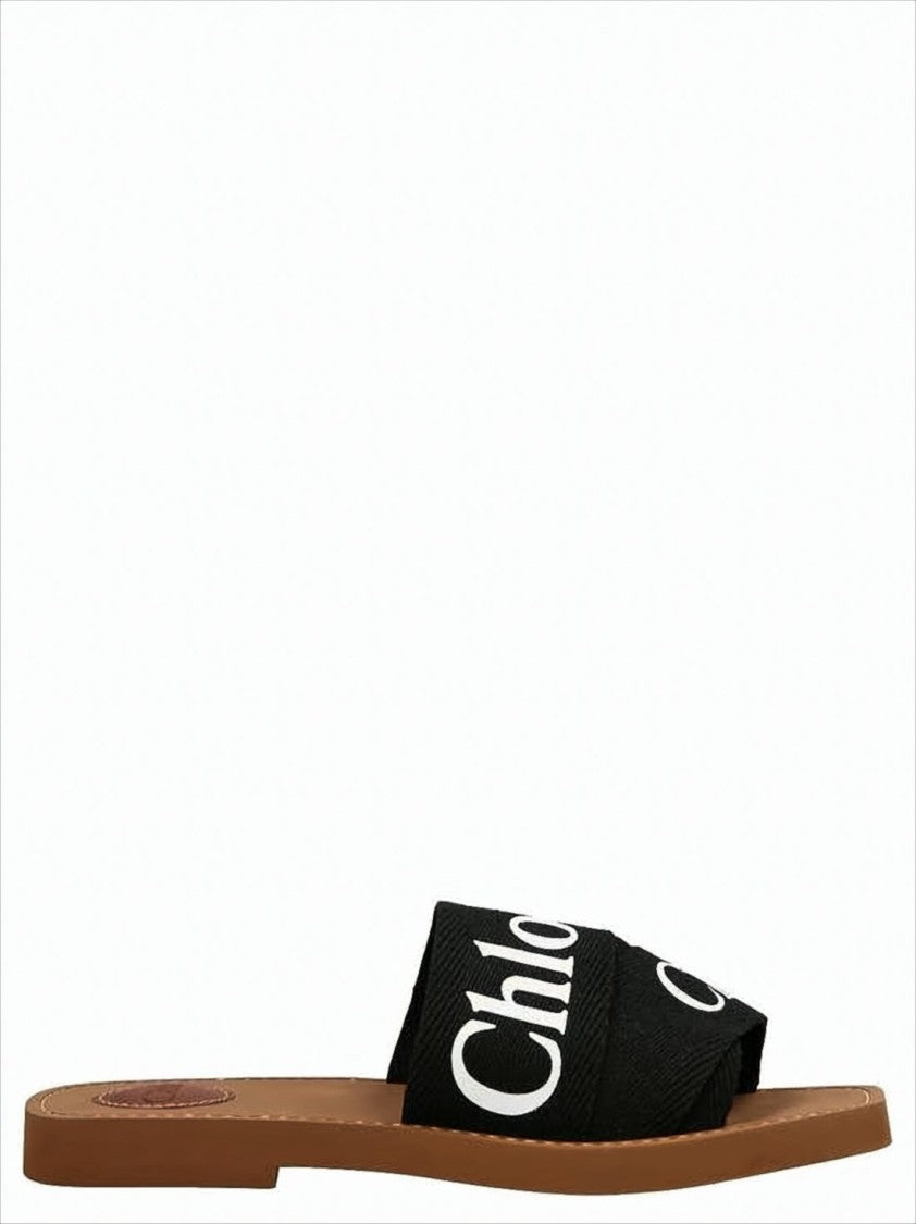 Chloé Flat Black Linen Slide Sandal