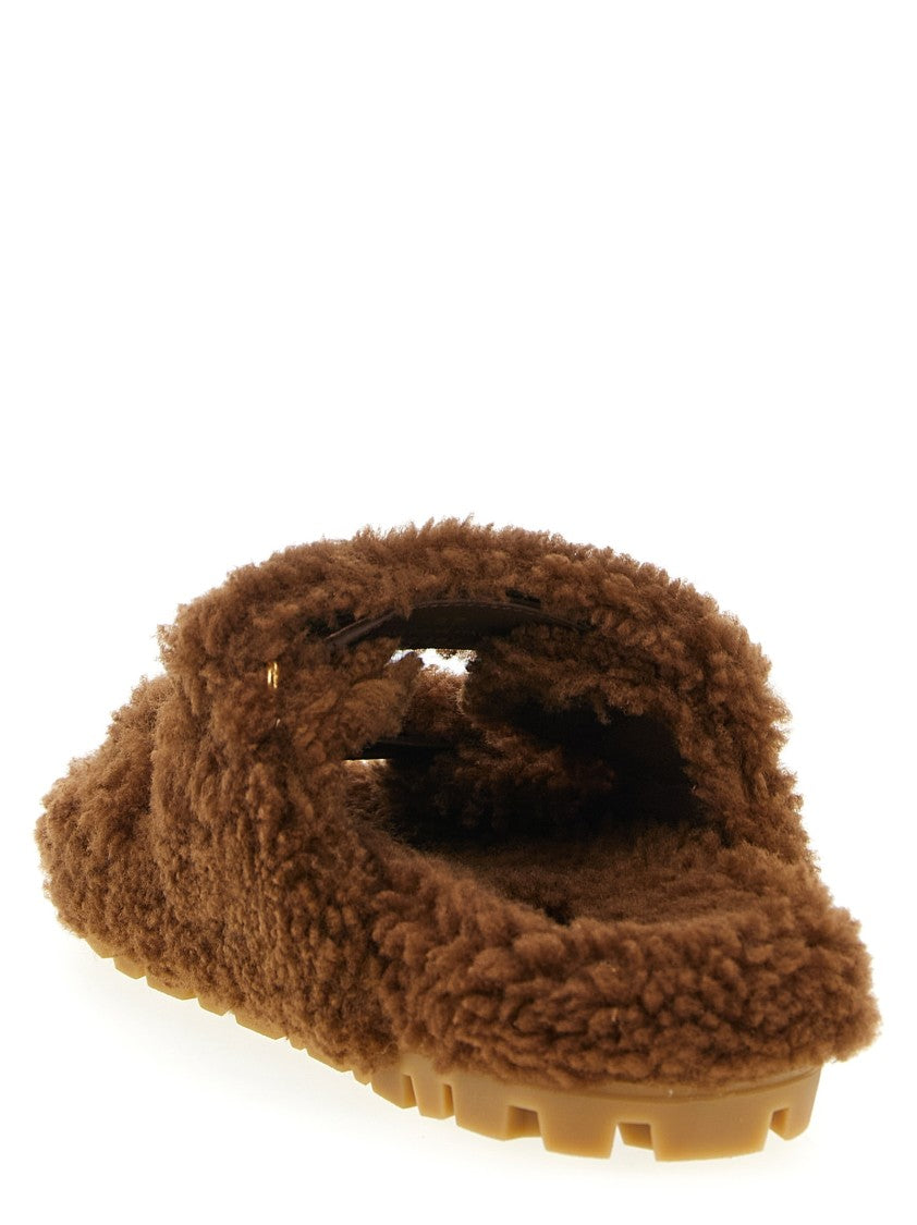 Miu Miu Brown Shearling Sandals With Adjustable Velcro Straps And Logo Appliqué