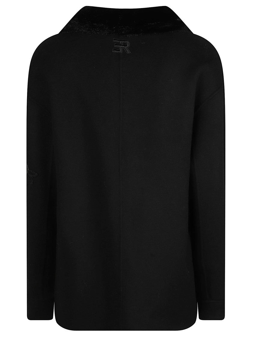 Ermanno Firenze Boxy Black Jacket With Plush Fur Collar And Embroidered Sleeves