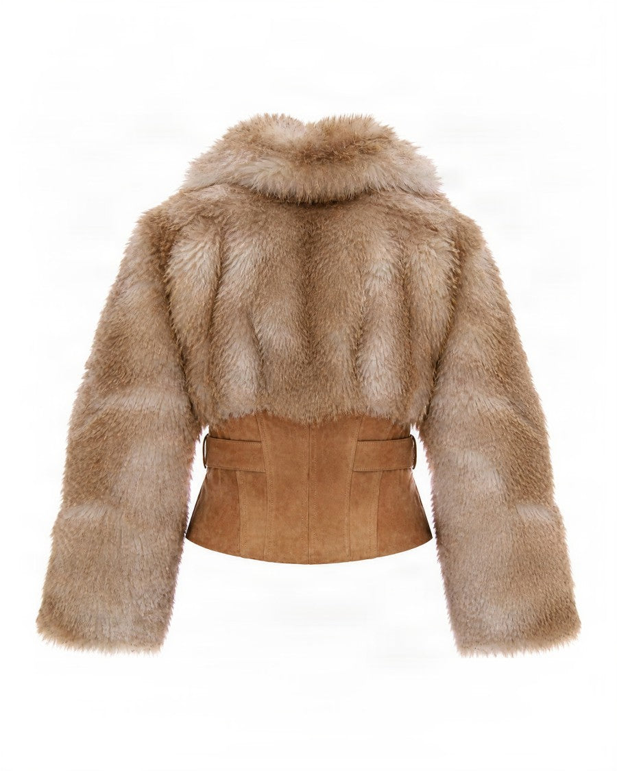 Elisabetta Franchi Camel Cropped Faux Fur Belted Jacket