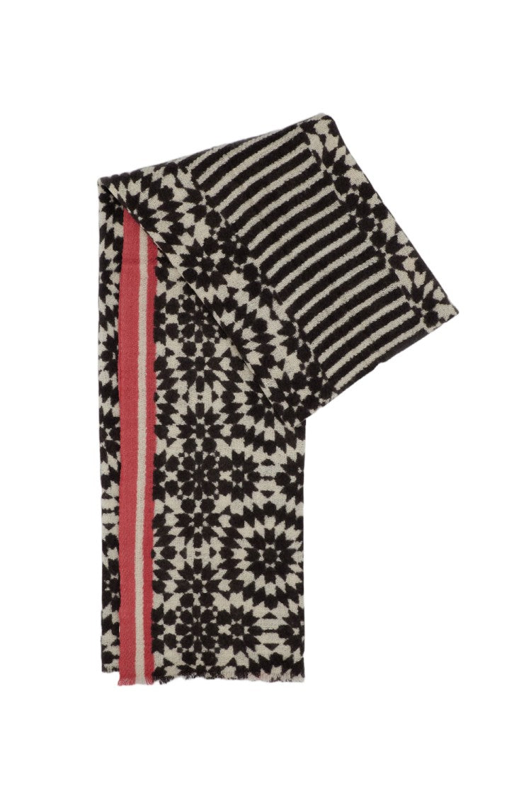 Me & K Geometric Black Jacquard Cashmere Scarf With Contrasting Pink Border