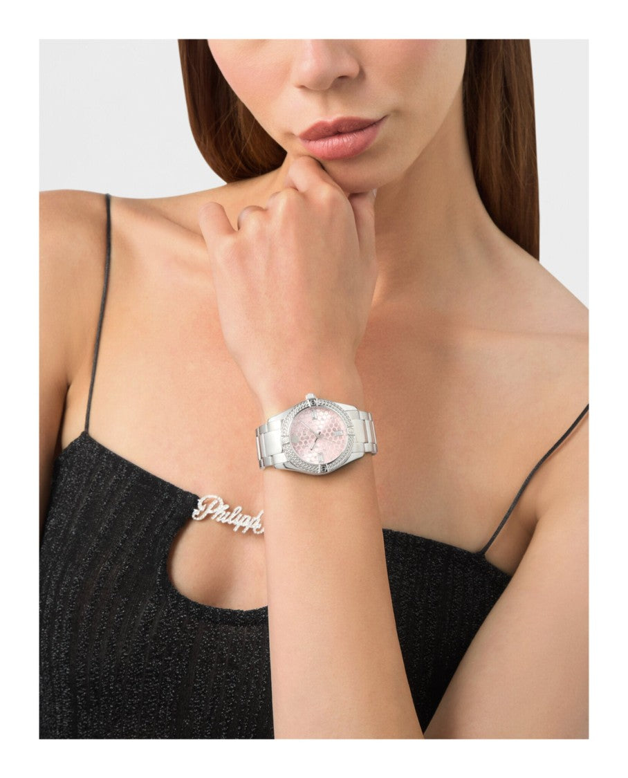 Philipp Plein Plein Icon Chain Crystal Watch With Pink Guilloche Dial