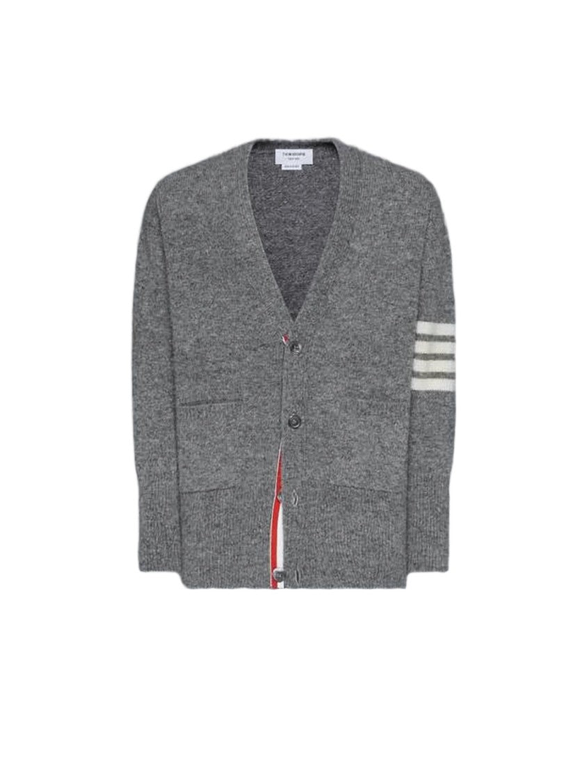 Thom Browne Grey Wool Cardigan With Unique Striped Detail