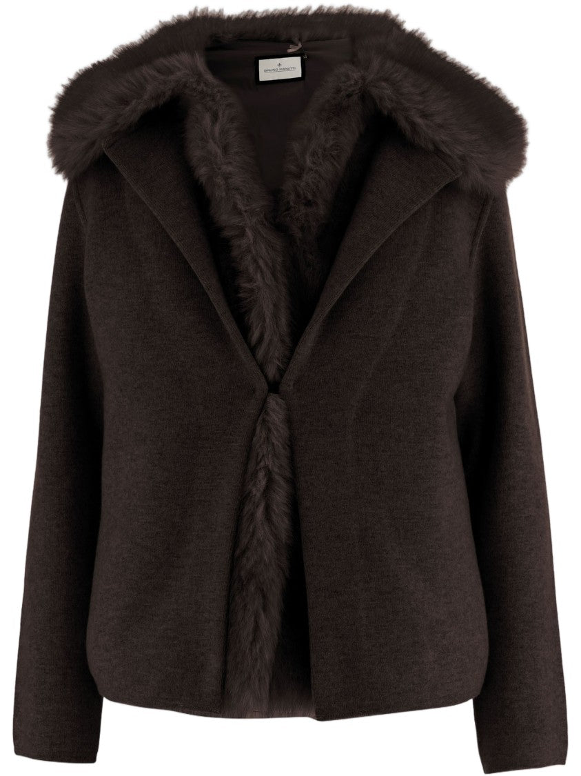 Bruno Manetti Dark Brown Wool-Cashmere Blend Plush Fur Trim Jacket
